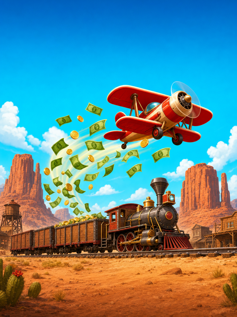 Money Plane by Relax Gaming — cartoon biplane climbing over a Wild West desert with the Money Train below